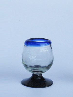 copas tipo 'chaser' con borde azul cobalto, 2.5 oz, Vidrio Reciclado, Libre de Plomo y Toxinas